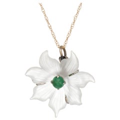 Vintage Rock Crystal Emerald Flower Necklace 14 Karat Yellow Gold Estate Jewelry