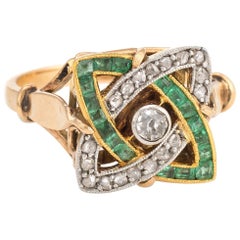 Antique Deco Emerald Diamond Ring Infinity 14k Gold Platinum Vintage Calibre