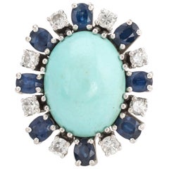 Vintage Turquoise Sapphire Diamond Ring 18 Karat White Gold Estate Fine Jewelry