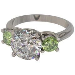 Kian Design Three Stones 1.90 Carat Old European Cut Moissanite & Demantoid Ring