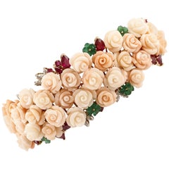 Diamonds, Green Agate, Rubies,Pink Coral Roses,Rose and White Gold Bracelet