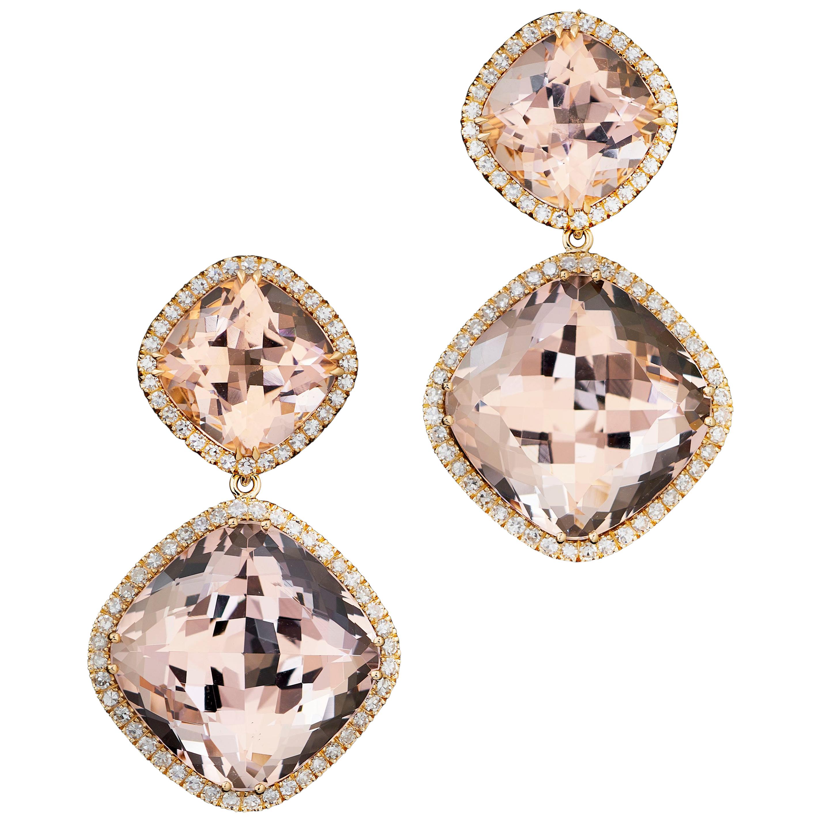 18 Karat Rose Gold Morganites 33.49 Carat Diamond Entourage 0.69 Carat Earrings For Sale
