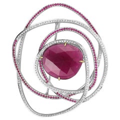 Fei Liu Rubellite Diamond Pink Sapphire 18 Karat White Gold Modern Rose Brooch