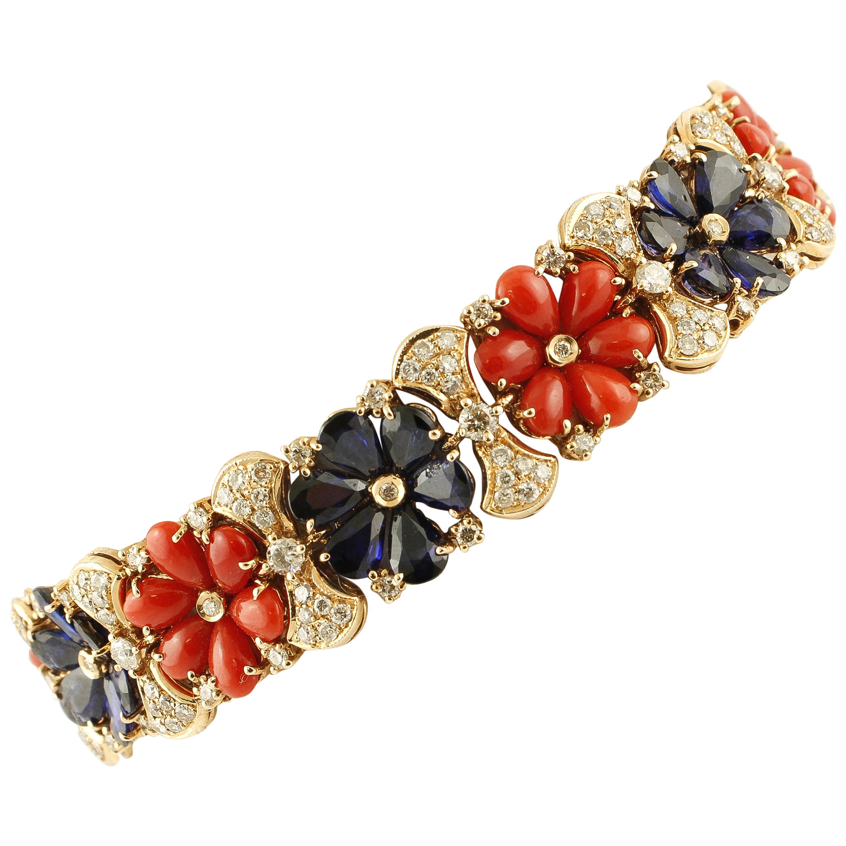 Diamonds, Blue Sapphires, Red Corals Rose Gold Link Retrò Bracelet For Sale