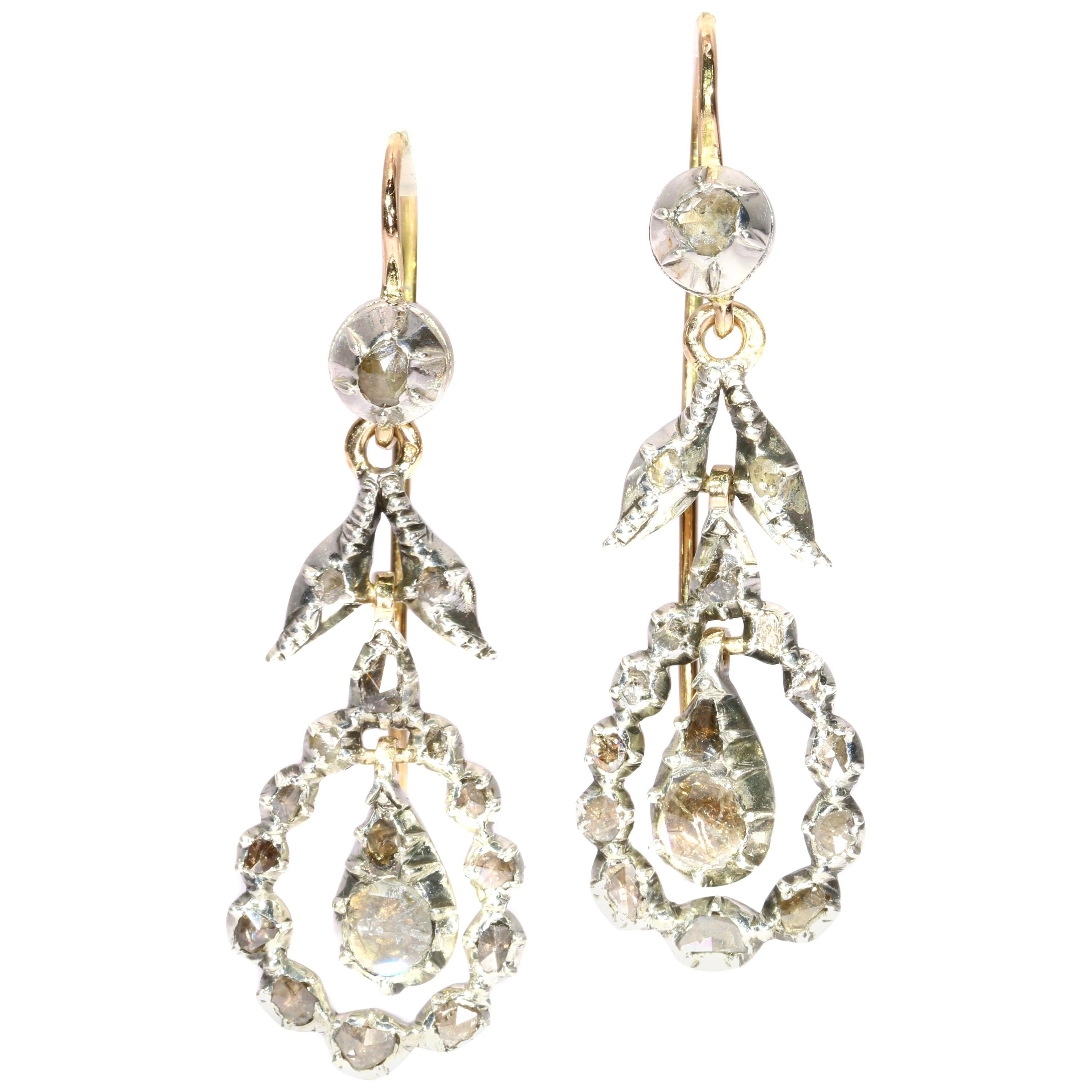 Late Georgian Rose Cut Diamond Long Pendent Earrings, 1850s For Sale