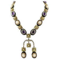 Vintage Diamonds, Peridots, Amethysts, Pink Corals, Onyx, White/Rose Gold Necklce