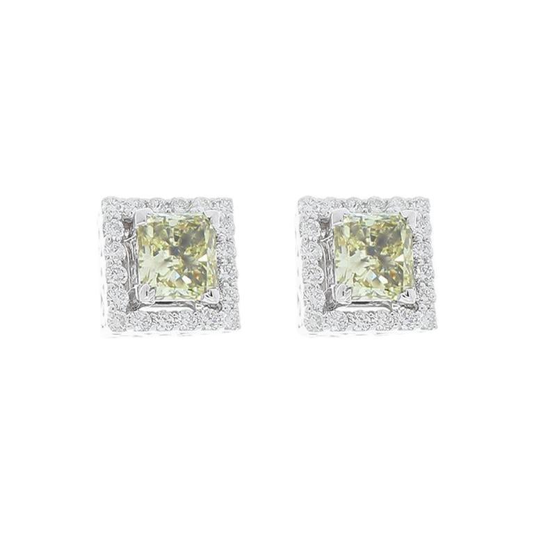 GIA Certified 3.40 Carat Total Princess Cut Fancy Light Yellow Diamond Earrings