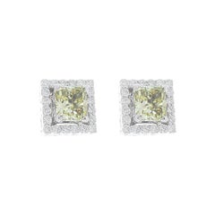 GIA Certified 3.40 Carat Total Princess Cut Fancy Light Yellow Diamond Earrings