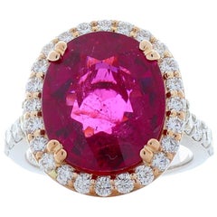 7.19 Carat Cushion Cut Rubellite & Diamond Cocktail Ring In 18K White Gold