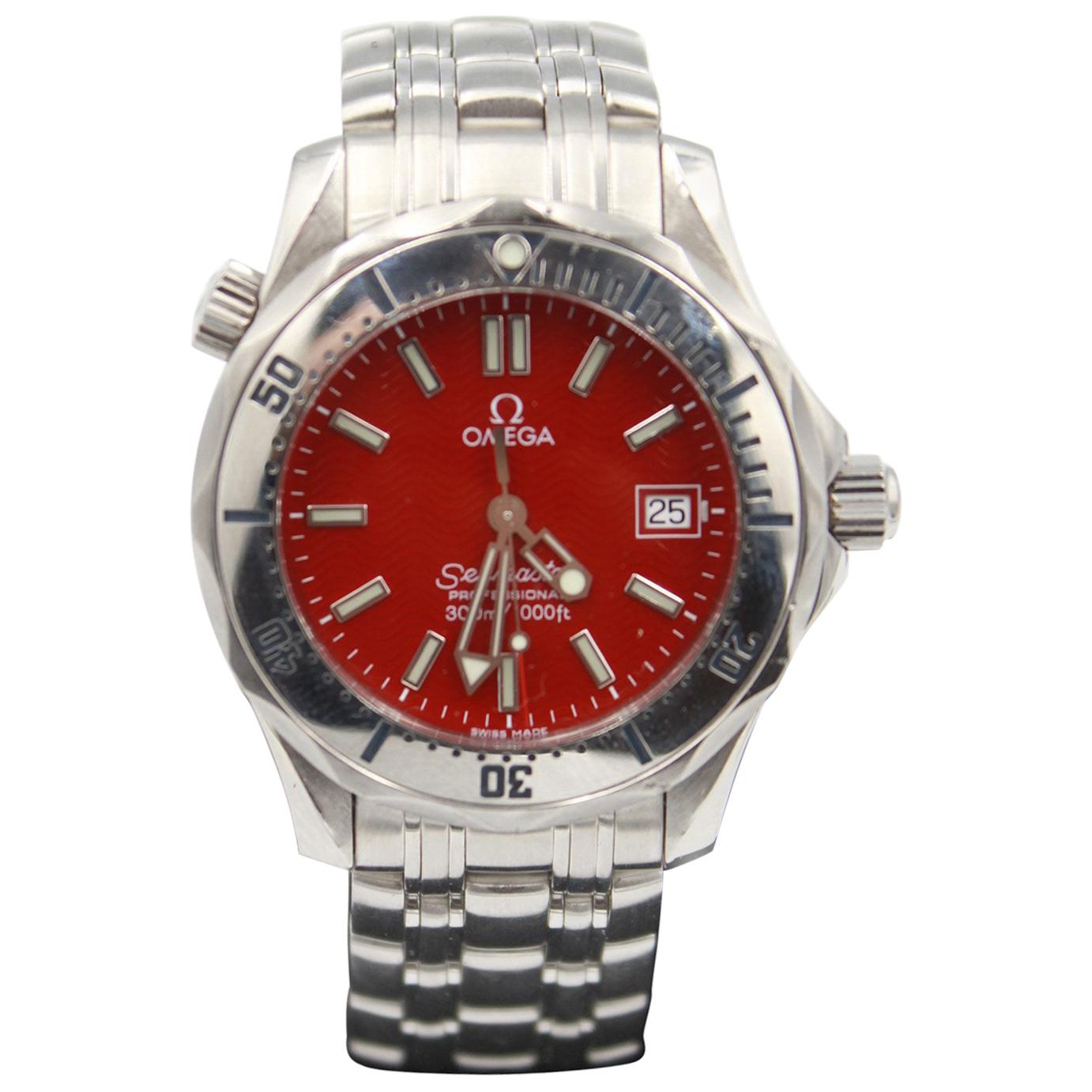 Men's Omega Seamaster Steel Watch, Red Dial