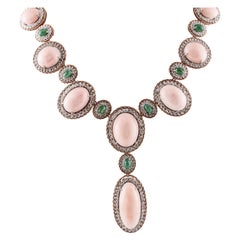 Oval Shape Pink Coral, Diamonds, Emeralds, Rose White Gold Necklace