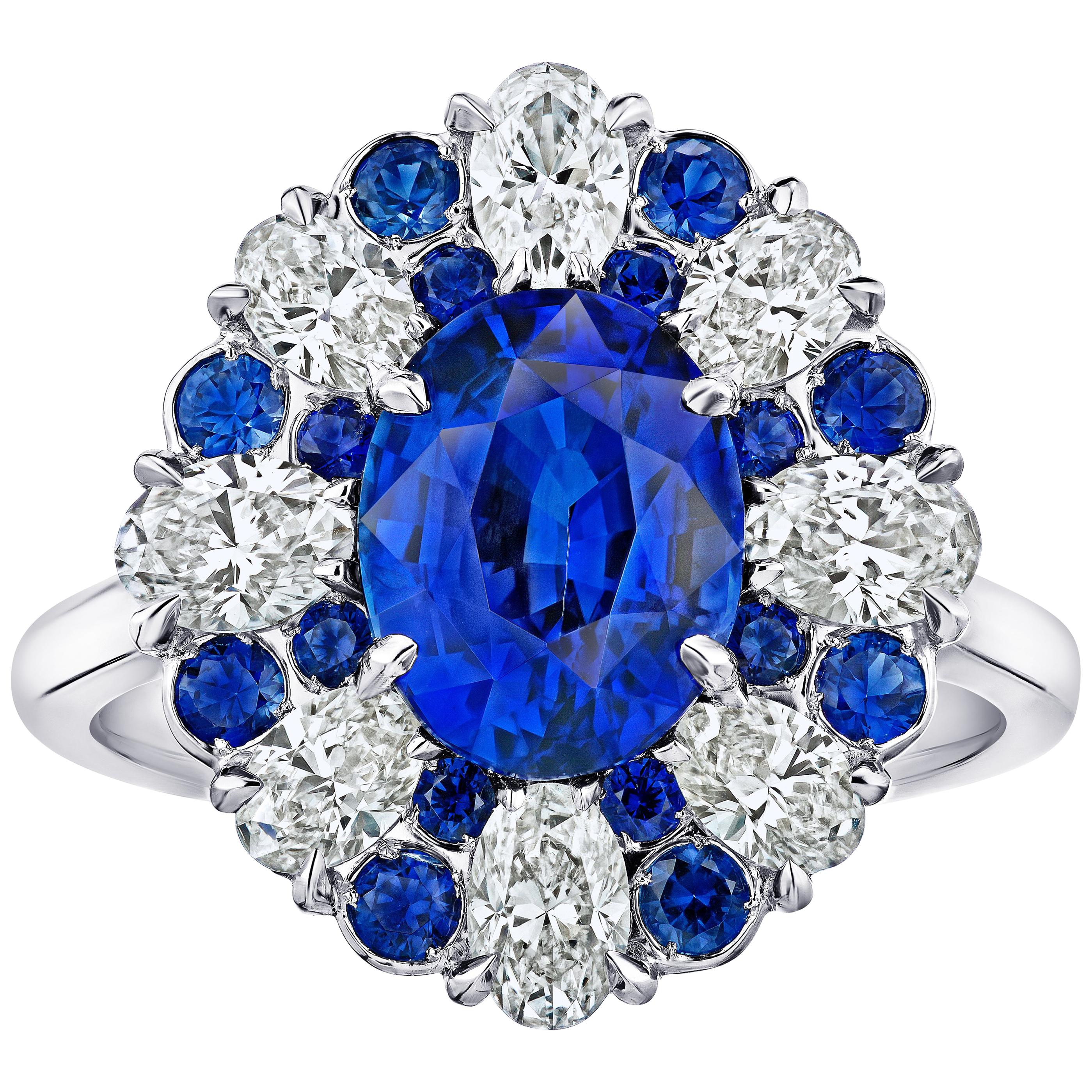 3.11 Carat Oval Blue Sapphire and Diamond Ring For Sale