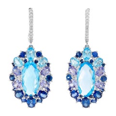 14 Karat White Gold Blue Topaz, Tanzanite, Sapphire and Diamond Earrings