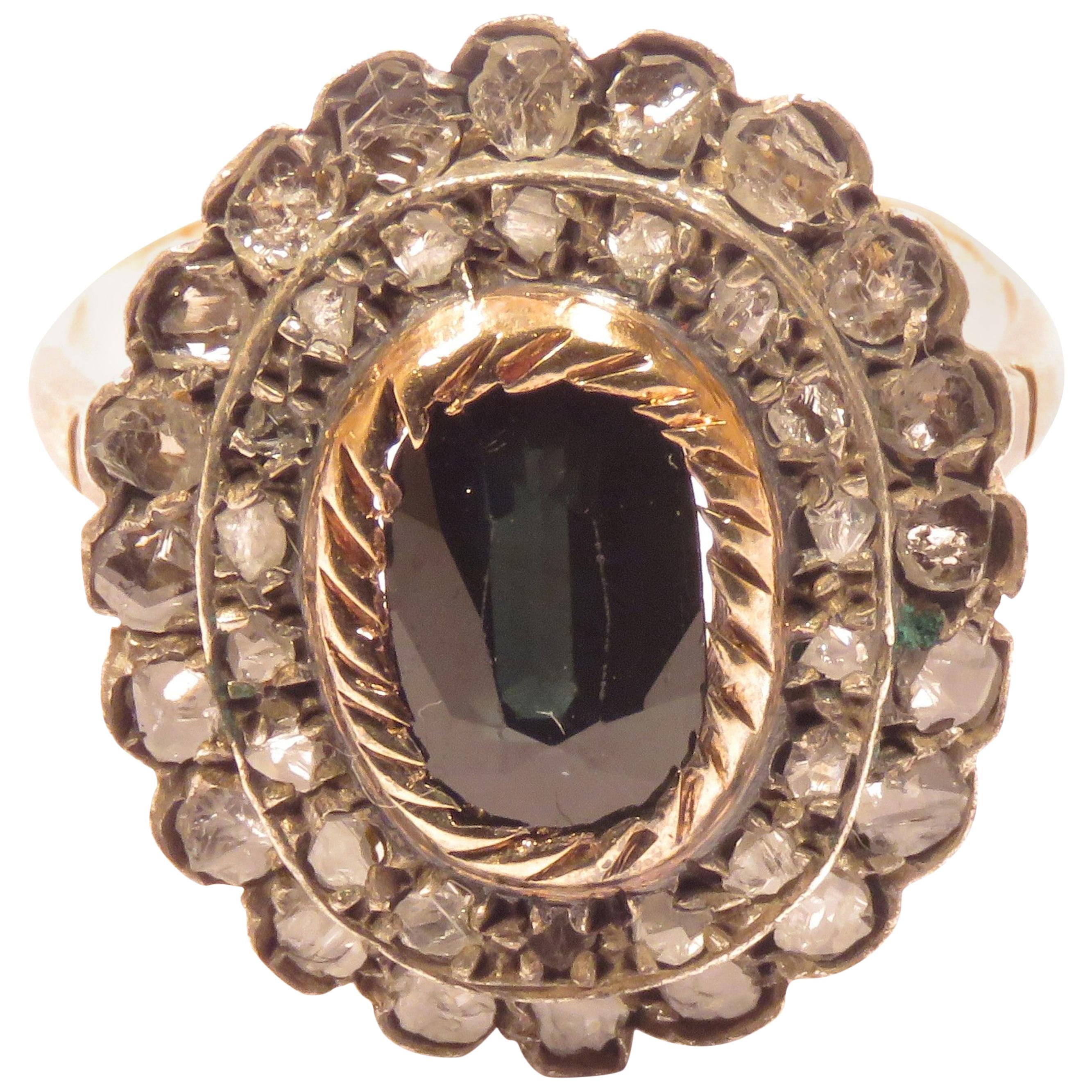 Saphir Diamants Argent Or Jaune Bague Dome Vintage  en vente