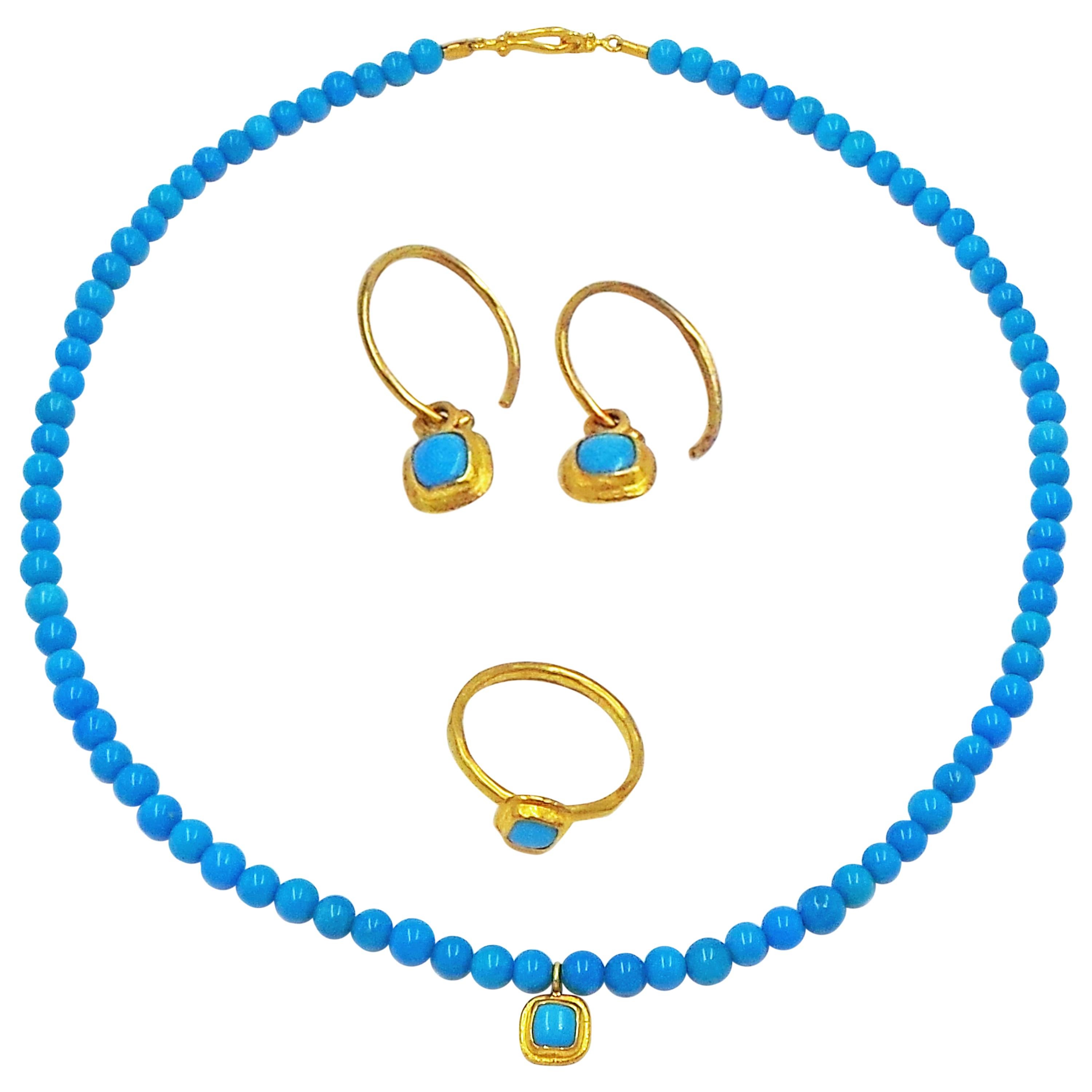 Sleeping Beauty Turquoise and 22 Karat Gold Necklace, Ring and Earrings Set
