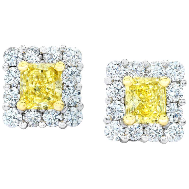 1.08 Carat Natural Fancy Yellow Diamond Platinum and 18 Karat Gold Earrings