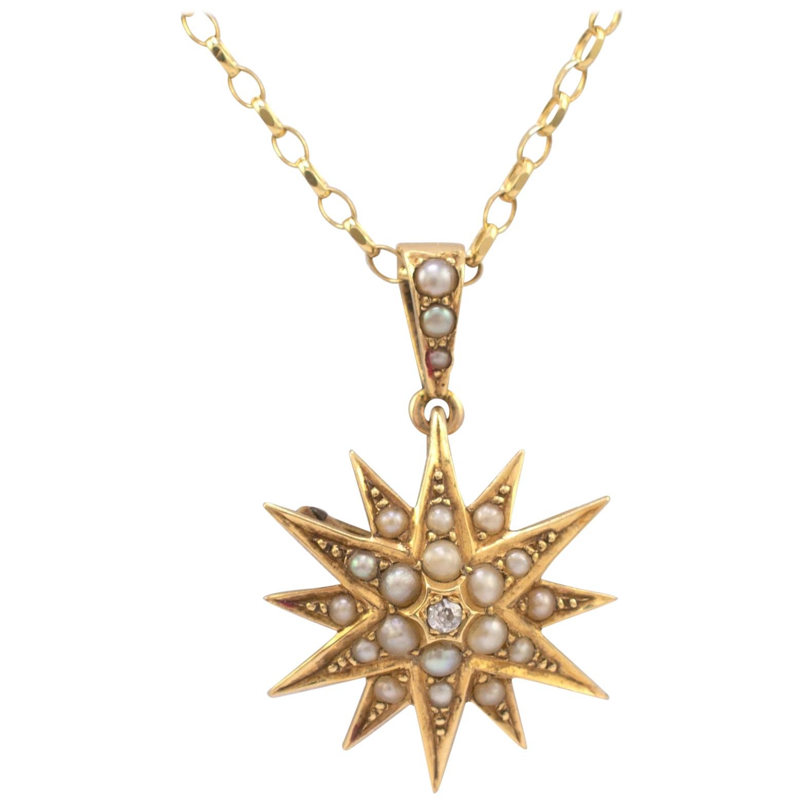 18 Karat Pearl Diamond Star Pendant Brooch with 18 Karat Gold Chain, circa 1900