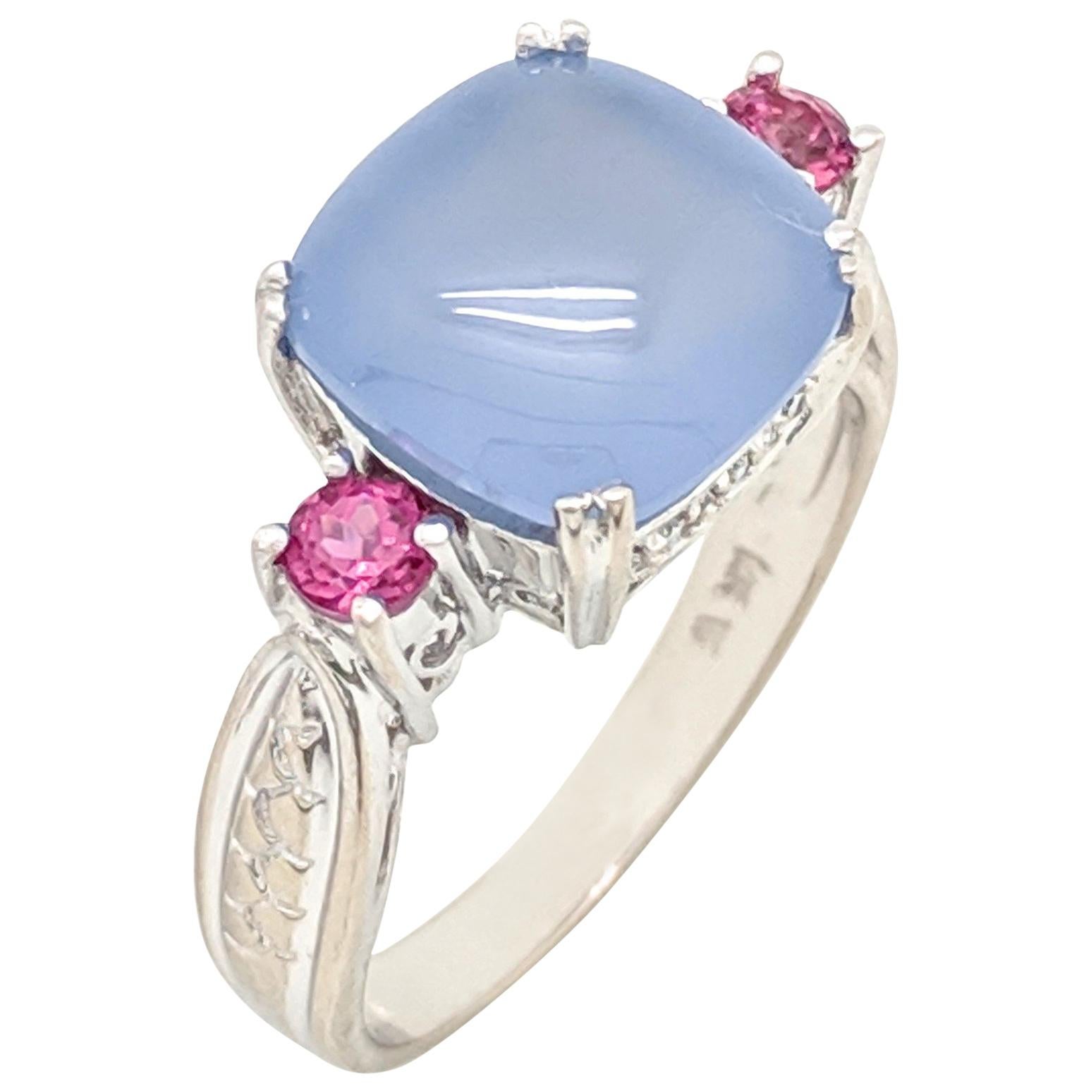 14 Karat White Gold Cabochon Cut Purple Jade and Pink Tourmaline Ring For Sale