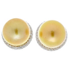14MM Round Cultured South Sea Golden Pearl & Diamond Earrings In 18K White Gold