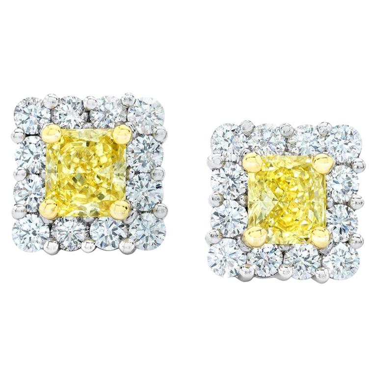 1.17 Carat Natural Fancy Yellow Diamond Platinum and 18 Karat Gold Earrings