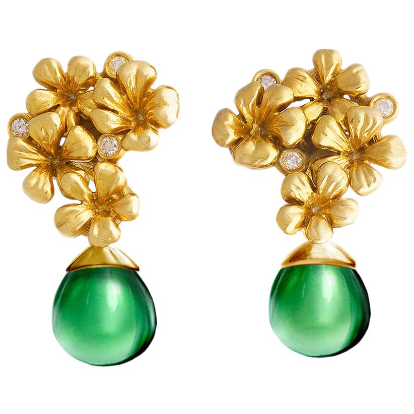 14 Karat Yellow Gold Plum Flowers Clip-on Earrings by the Artist with Diamonds