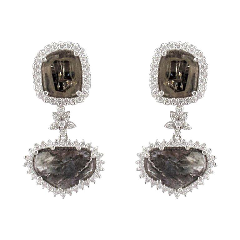 2.99 Carat Total Faceted Fancy Sliced Black Diamond Earrings in 18 Karat Gold