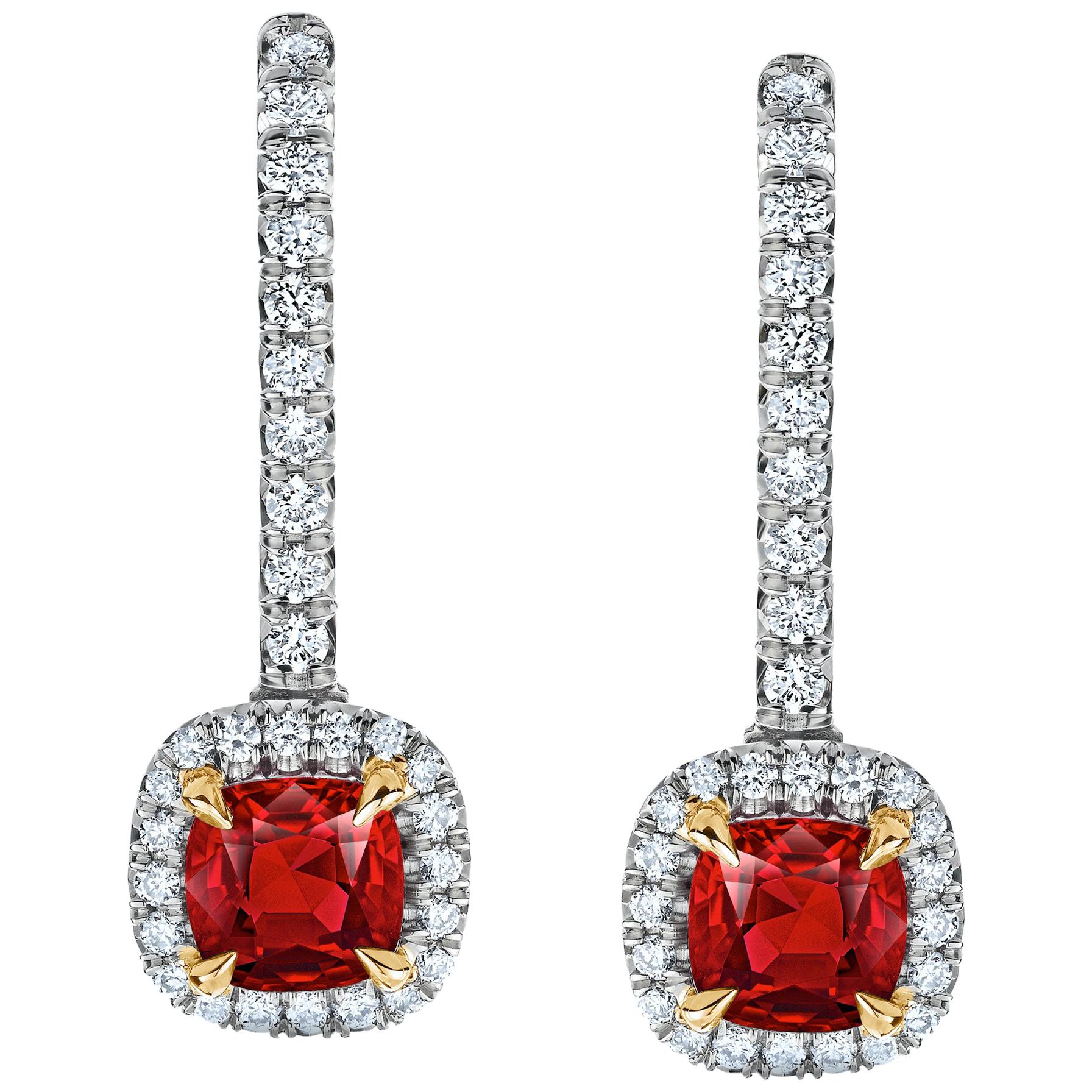 1.09 Carat Ruby and Diamond Halo Drop Earrings For Sale
