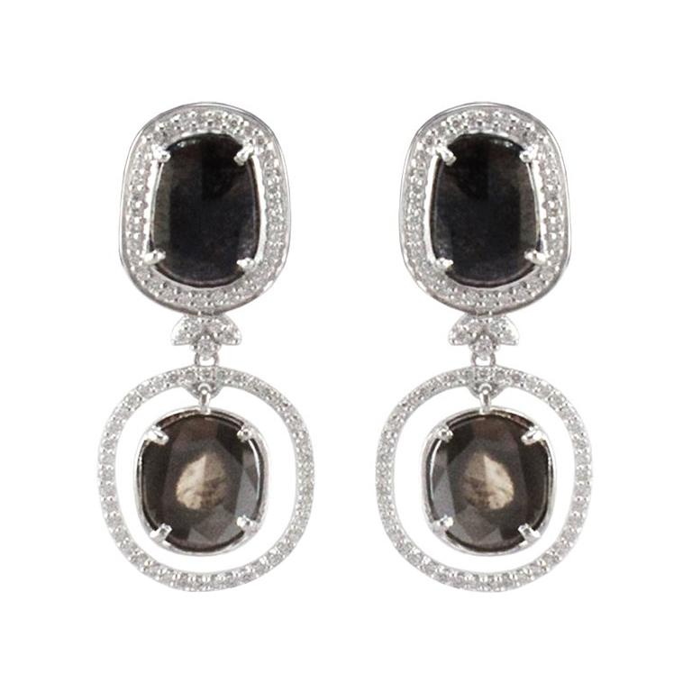 4.21 Carat Total Faceted Fancy Sliced Black Diamond Earrings in 18 Karat Gold For Sale