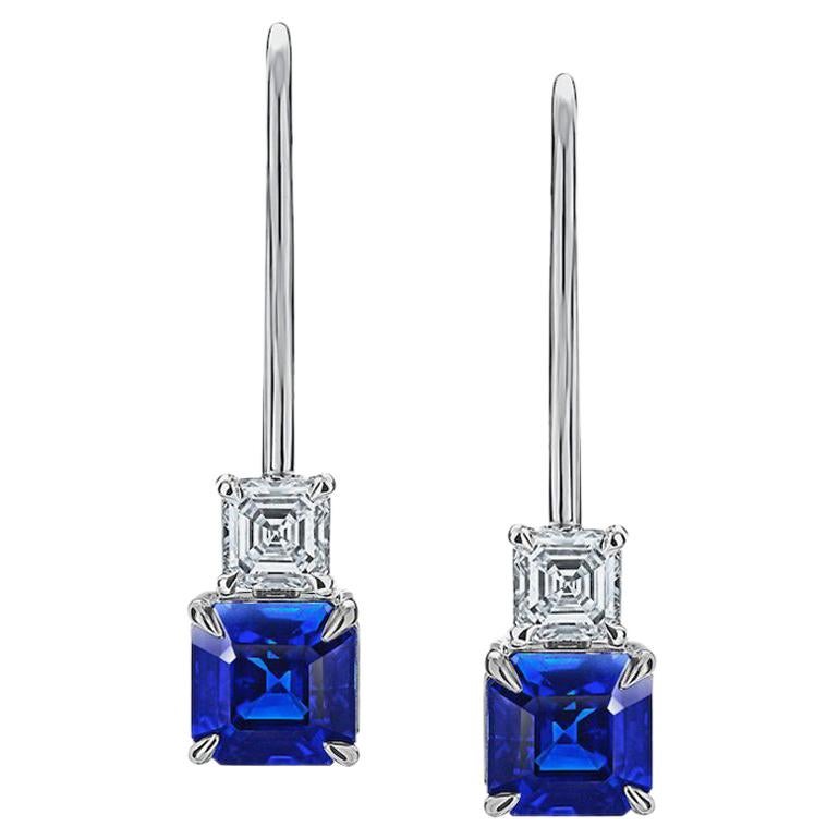 1.31 Carat Blue Asscher Cut Sapphire and Diamond Platinum Earrings