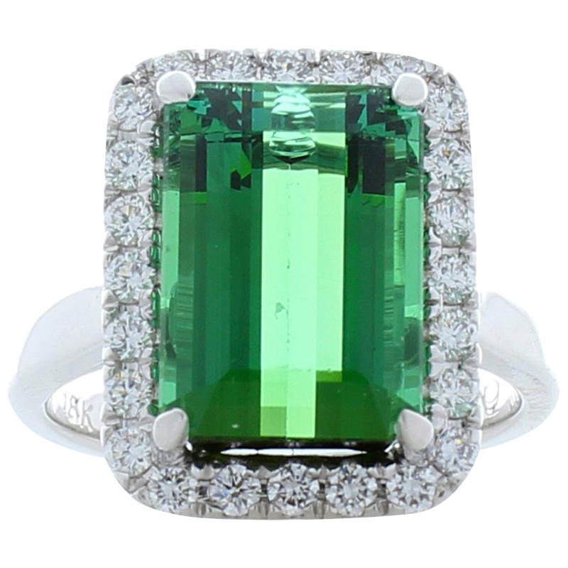 6.60 Carat Emerald Cut Green Tourmaline and Diamond Cocktail Ring in 18 Karat