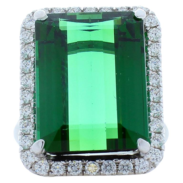 16.30 Carat Emerald Cut Green Tourmaline and Diamond Ring in 18 Karat White Gold