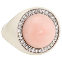 Estate Casato Angel Skin Coral Diamond Ring Crème Enamel 18 Karat Gold Round