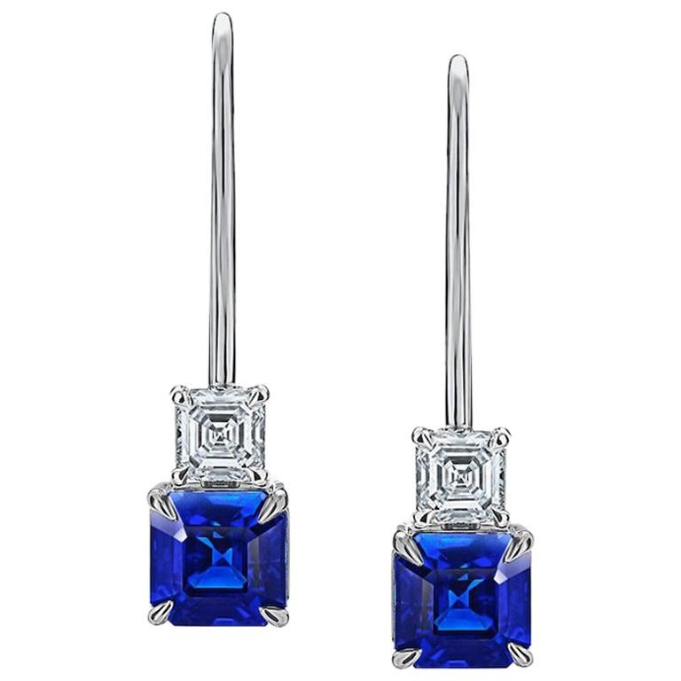 2.00 Carat Blue Asscher Cut Sapphire and Diamond Platinum Earrings