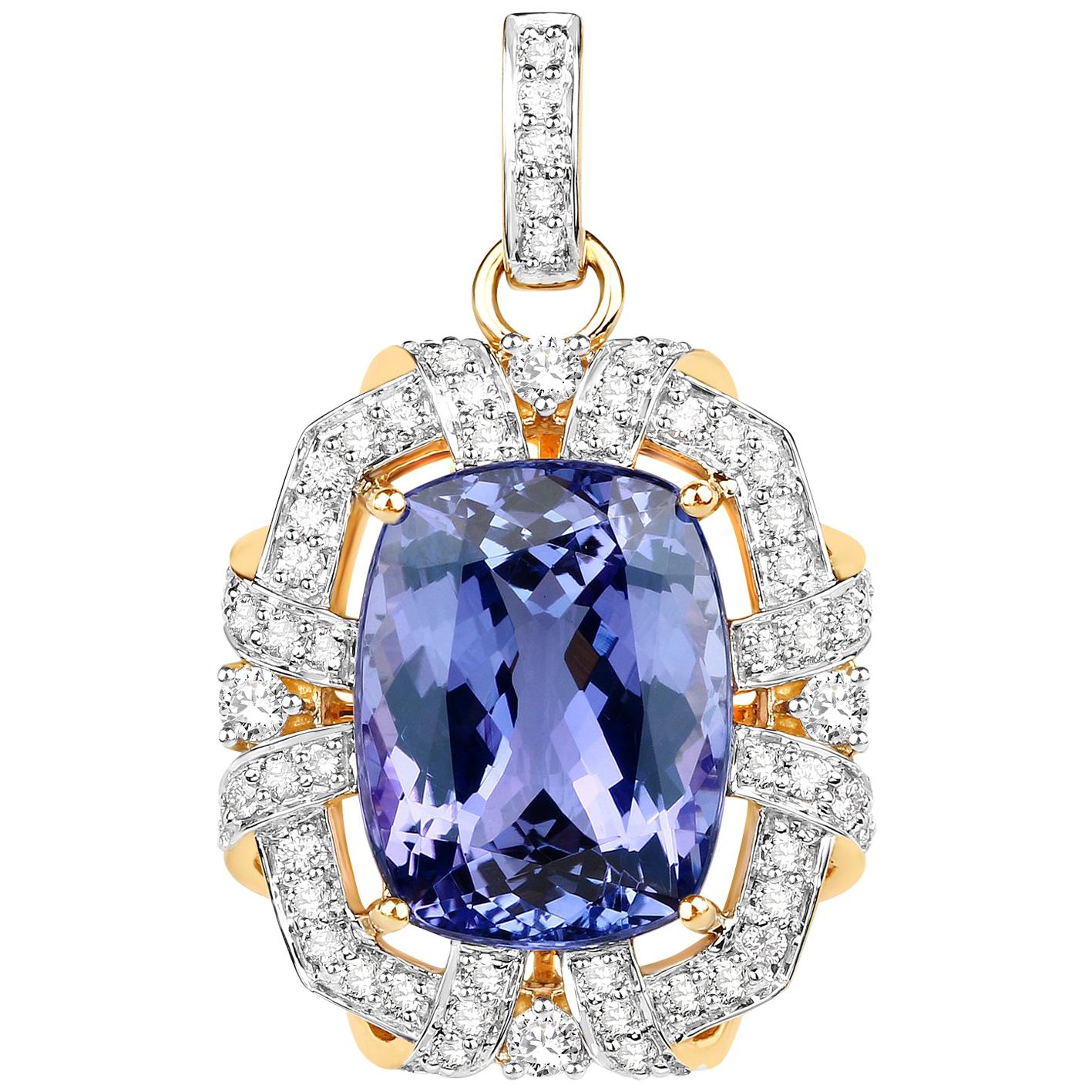 14.59 Carat Tanzanite Diamond 18 Karat Yellow Gold Pendant Necklace For Sale