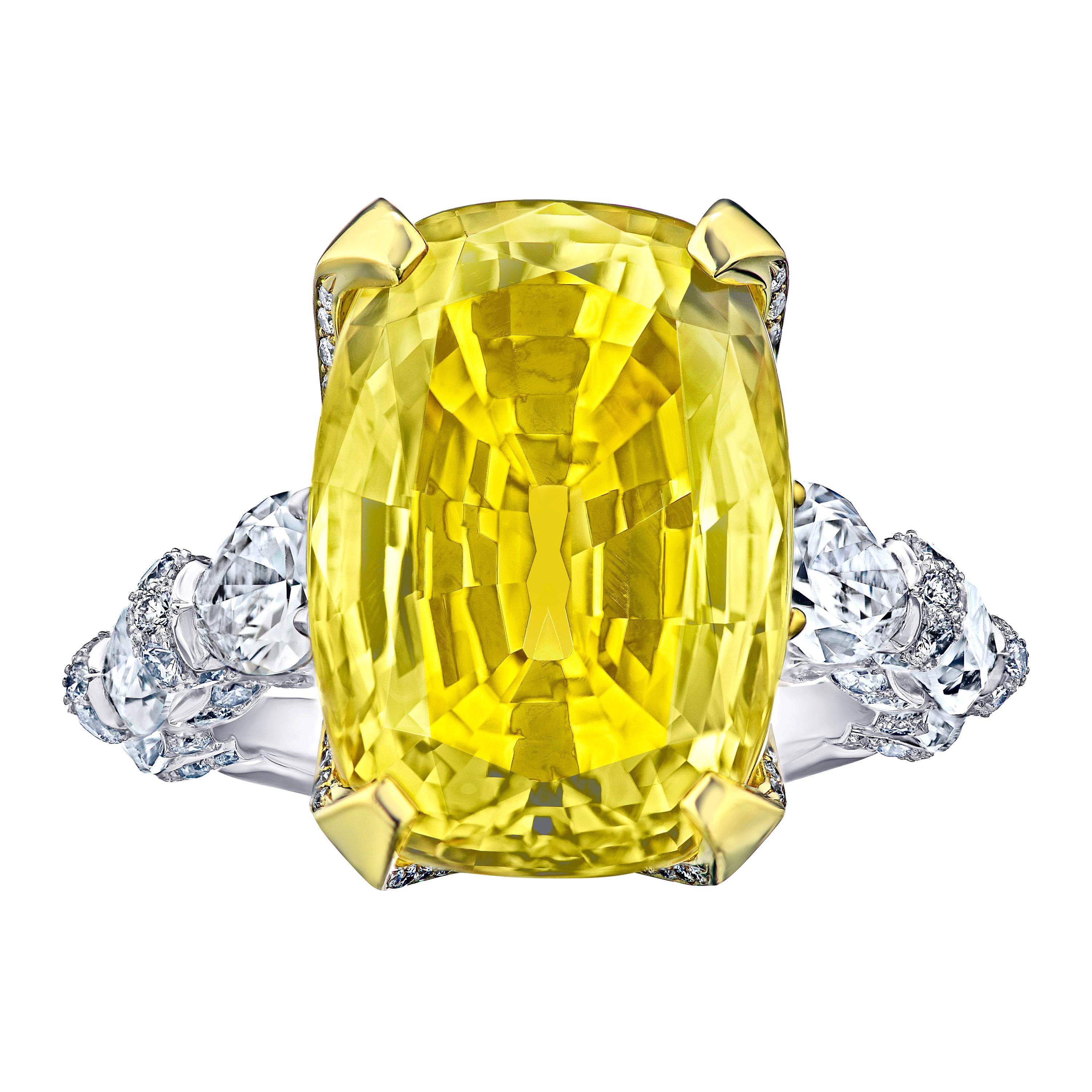 20.26 Carat Yellow Cushion Sapphire and Diamond Ring