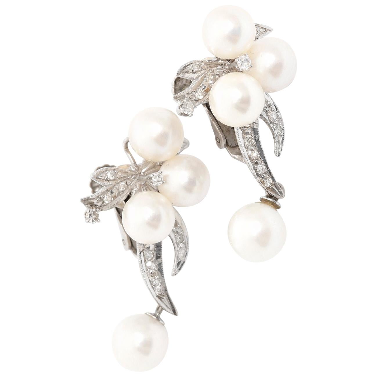 14 Karat White Gold Pearl and Diamond Earrings