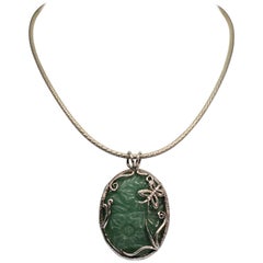 Sterling Silver Hand-carved Jade Stone Pendant Necklace 