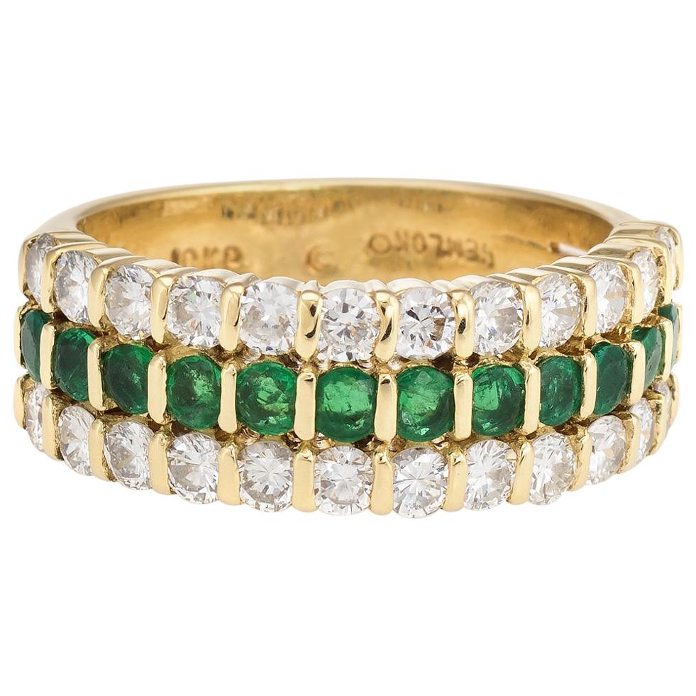 Vintage Diamond Emerald Ring 18 Karat Yellow Gold Estate Fine Jewelry Band