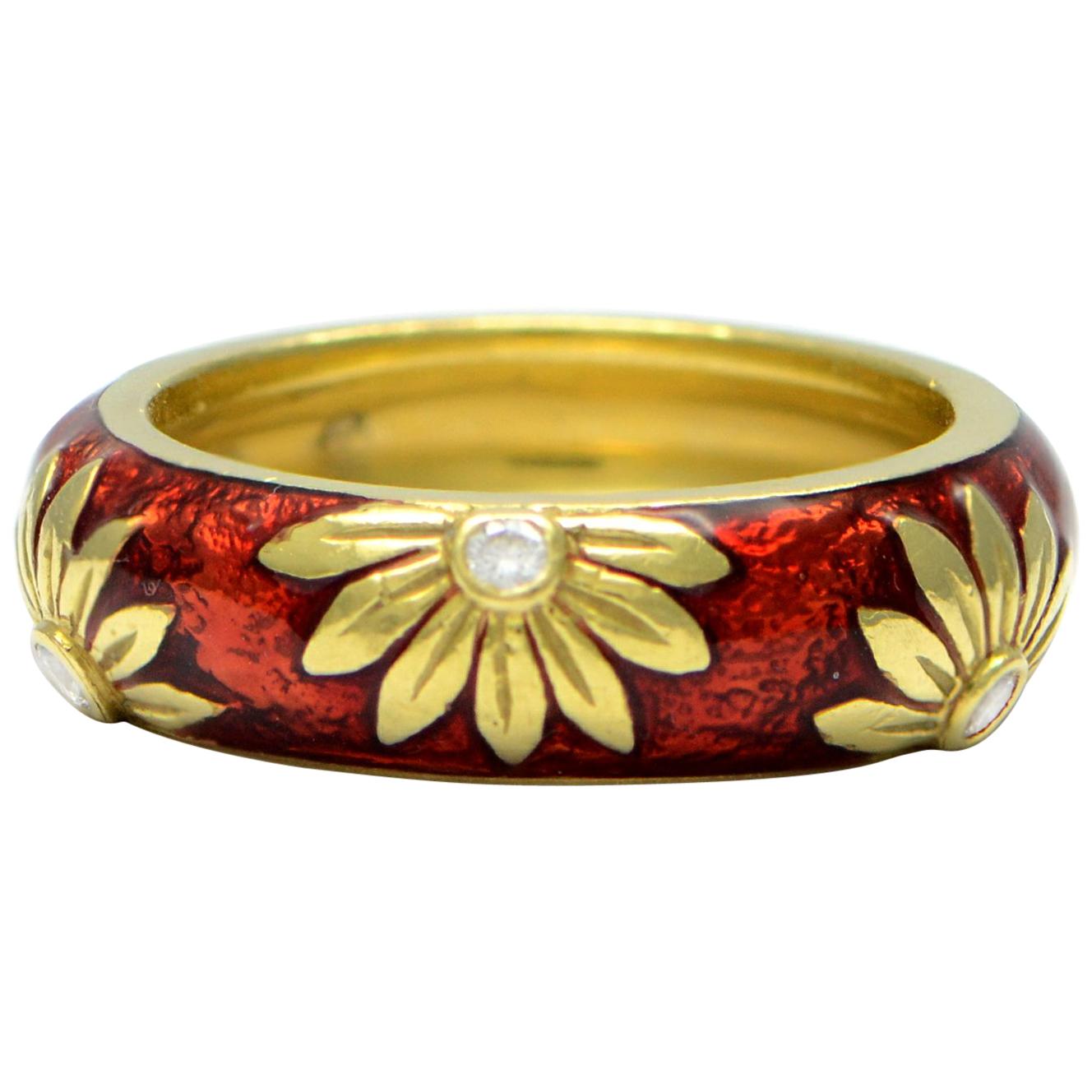 Solid 18 Karat Yellow Gold and Natural Diamond Enamel Flower Ring 7.6g