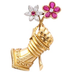 Marchak Paris 1940s Ruby Diamond Gauntlet and Flower Pin