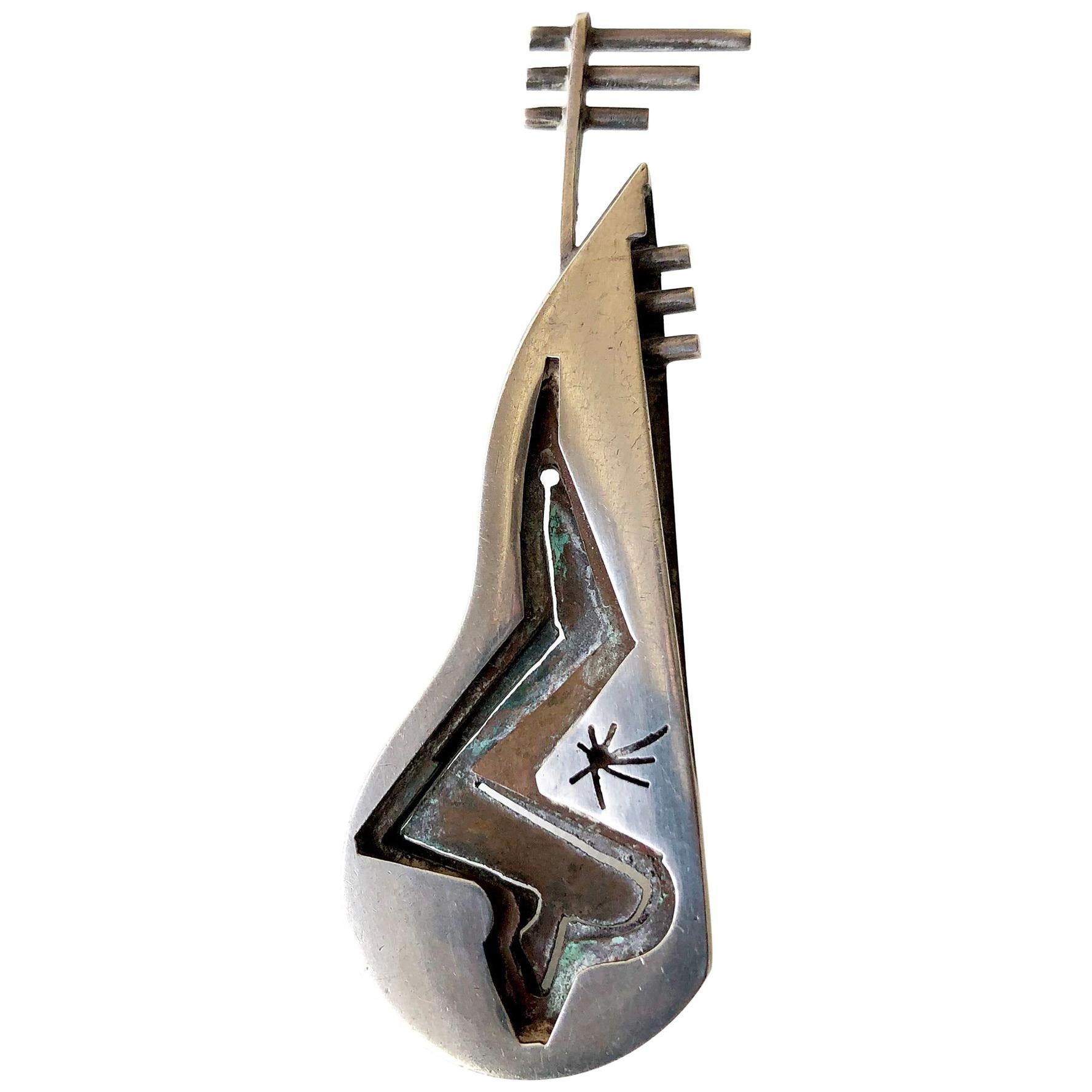 Early Peter Macchiarini Sterling and Copper Abstract Modern Bass Guitar Brooch