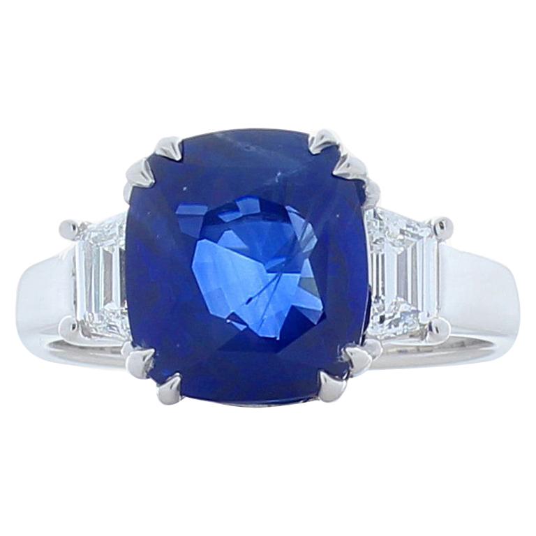 Emteem Certified 5.60 Carat Cushion Cut Blue Sapphire and Diamond Cocktail Ring