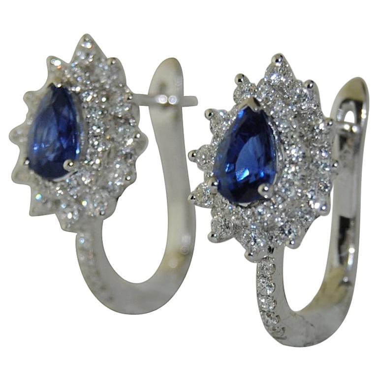18 Karat White Gold Earrings with Blue Sapphire and Diamond For Sale