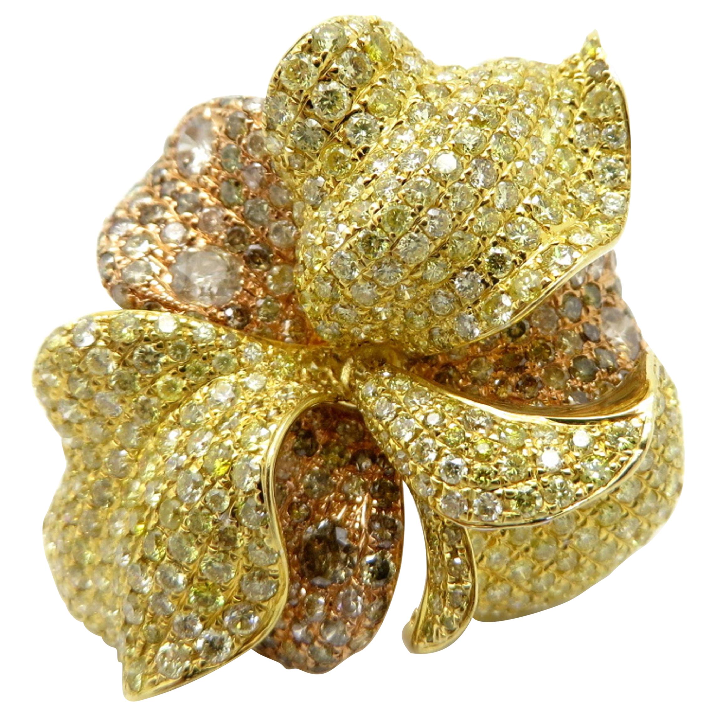 Estate 18 Karat Tricolor Gold Pave Diamond Flower Fashion Ring