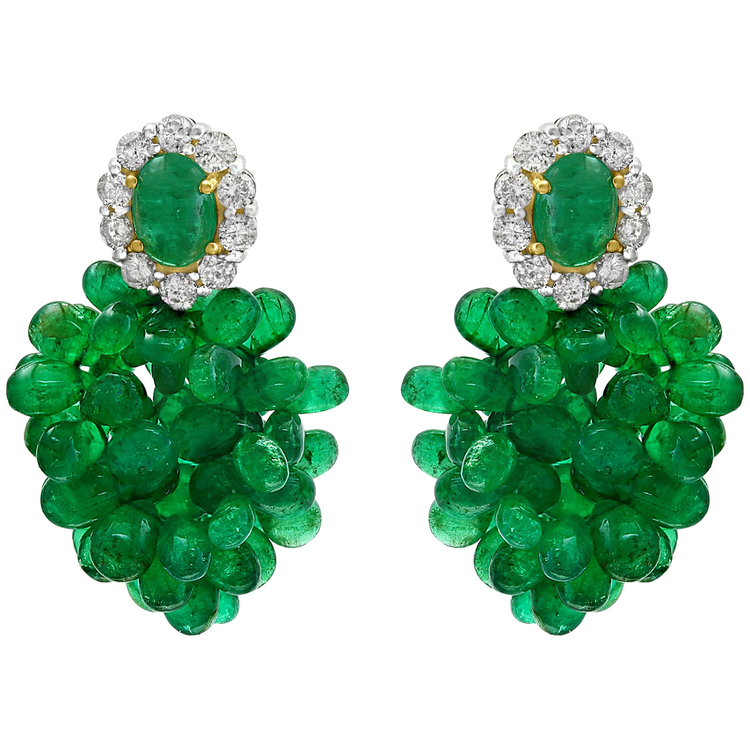 Colombian Emerald Briolette and Diamond Hanging Earrings 18 Karat Gold