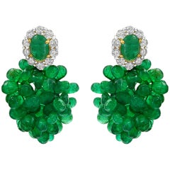 Colombian Emerald Briolette and Diamond Hanging Earrings 18 Karat Gold