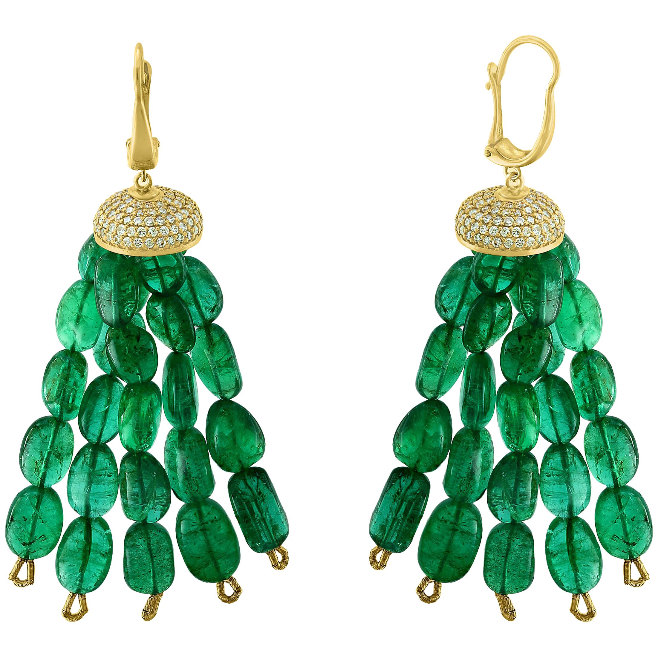 150 Carat Emerald Beads and Diamond Hanging/ Drop Earrings 14 Karat Yellow Gold