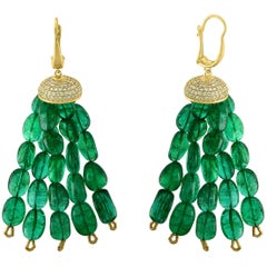 150 Carat Emerald Beads and Diamond Hanging/ Drop Earrings 14 Karat Yellow Gold