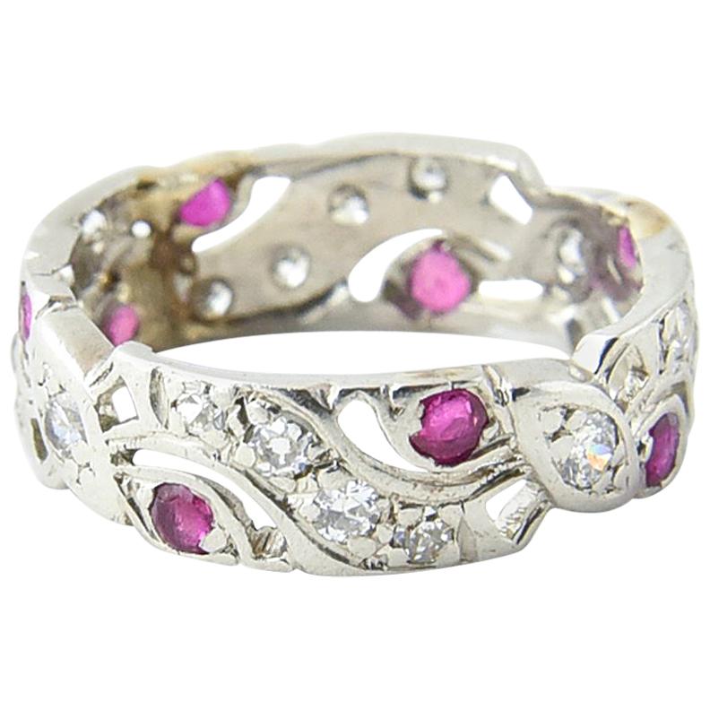 Art Deco Diamond and Ruby Platinum Eternity Band Ring For Sale