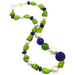 Decadent Jewels Lapis Lazuli Gaspeite Australian South Sea Pearl Gold Necklace